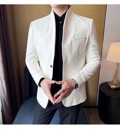 New Blazer Cowhide Velvet Korean Version Business Slim Fit Suit Stand Collar Fashionable Casual Suit Jacket Men Formal Clothing