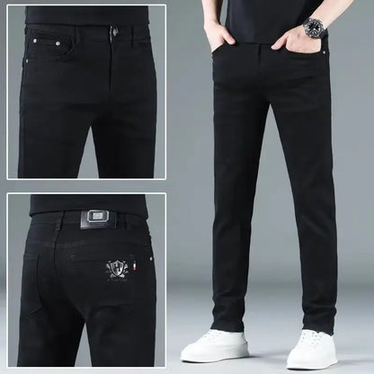 Korean Man Designer Clothes 2025 White Jeans Men Spring Autumn Printed Students Slim Stretch Pencil Pants Workwear Long Trousers