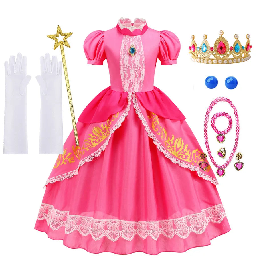Pumber Bros Vedio Game Movie Cosplay Girl Peach Dress up Lace Ball Gown Princess Costume Kid Cute Halloween Clothing Frock 2-10Y