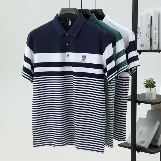 Premium pure cotton stripe short sleeve polo shirt men summer T-shirt fashion brand embossed comfort new trend color blocked top
