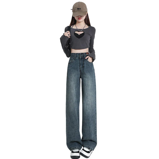 Slim Wide Leg Denim Jeans High Waist Double Bule Straight Cut Pants for Women Bla ey Autumn New Arrival Faionable Wea...