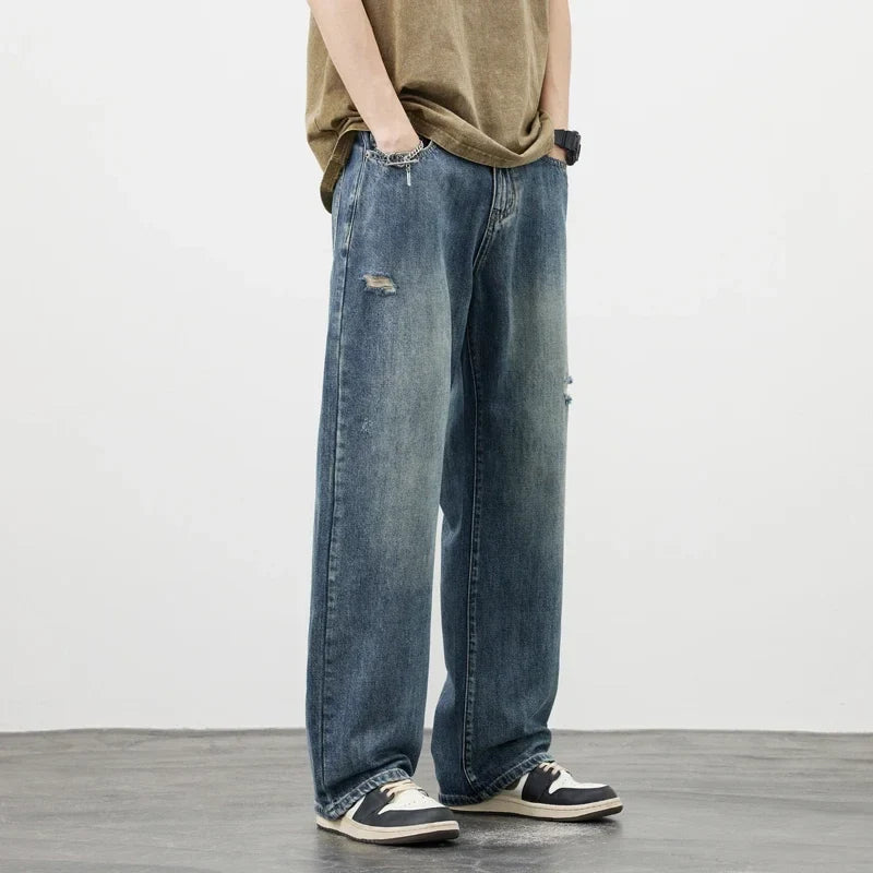 Korea Baggy Jeans Men's Vintage Straight Ripped Y2k Pants Fashion Frayed High Street Distressed Denim Trousers Male Clothes