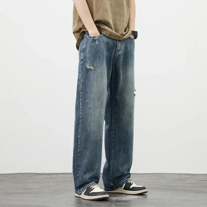 Korea Baggy Jeans Men's Vintage Straight Ripped Y2k Pants Fashion Frayed High Street Distressed Denim Trousers Male Clothes