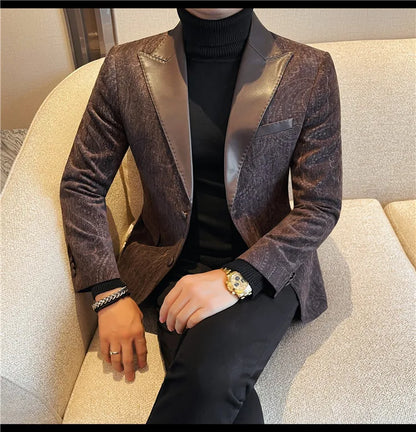 2025 Fashion Leather Neck Spliced Suit Jacket Luxury Men's Business Slim Fit Social Formal Blazers Coats Wedding Groom Tuxedos