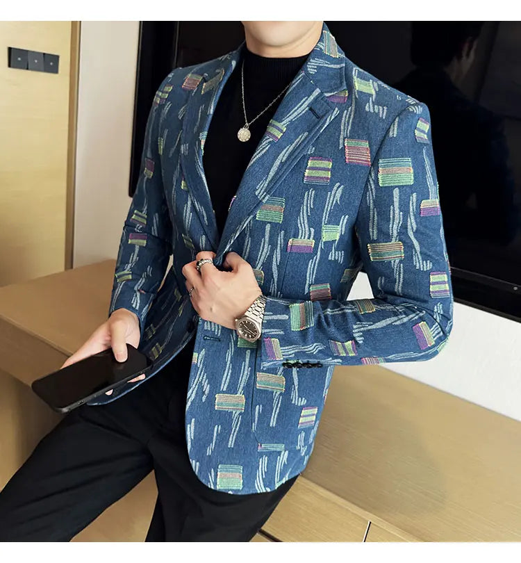 2025 New Luxury Denim Jacquard Suit Coats Men Fashion Slim Fit Suit Casual Business Party Coat Uniform Wedding Social Tailcoat