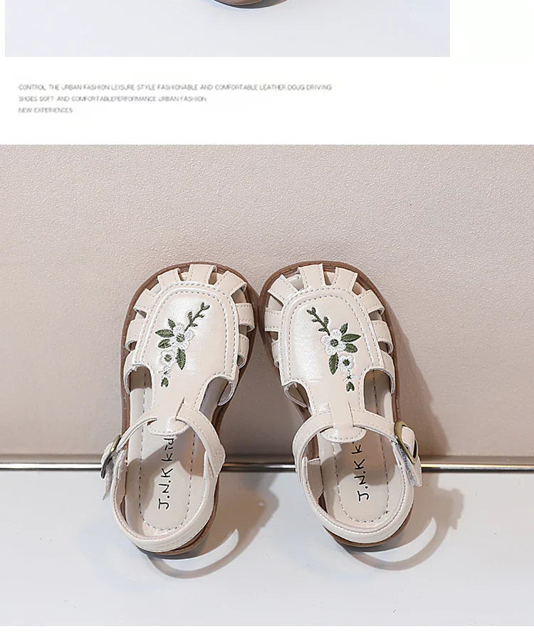 Traditional Chinese Embroidery Kids Shoes for Girl Sandals Summe Retro Princess Shoes Roman Style Girls Leather Shoes Kid F05173