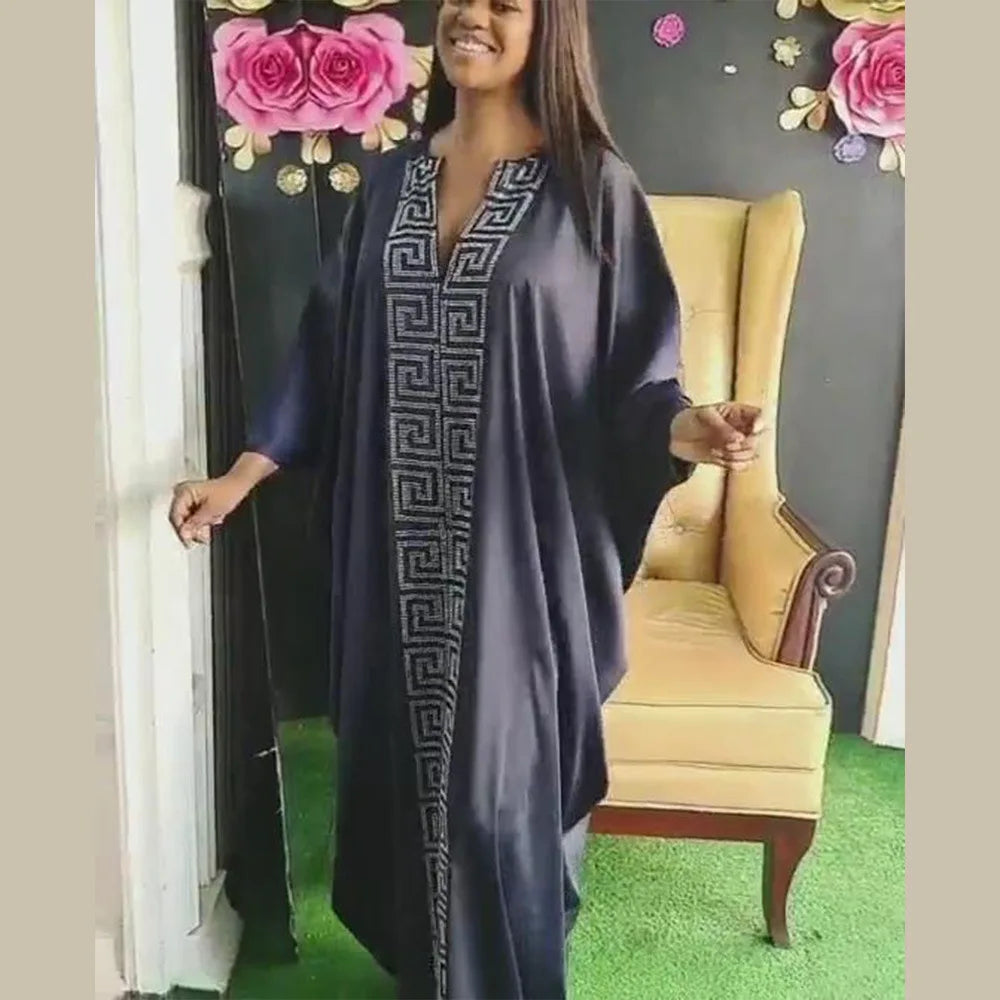 Fashion African Woman Large Size Bat Sleeve Dress Muslim Islamic Style Robe Imitation Silk Hot Fix Rhinestone
