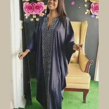 Fashion African Woman Large Size Bat Sleeve Dress Muslim Islamic Style Robe Imitation Silk Hot Fix Rhinestone