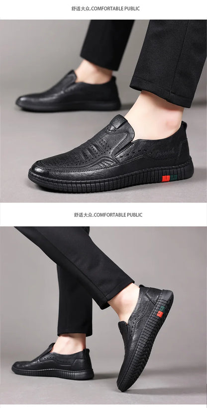 Summer New Breathable Hallow Leather Shoes for Men Solid Color Fashion Casual Driving Shoes Male Low Top Flat Shoes Man