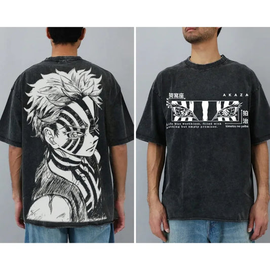 Japanese Anime Demon Slayer Akaza Graphic Washed T-shirts Women’s Men's Clothing  Harajuku Y2K Oversized Cotton Half-sleeve Tops