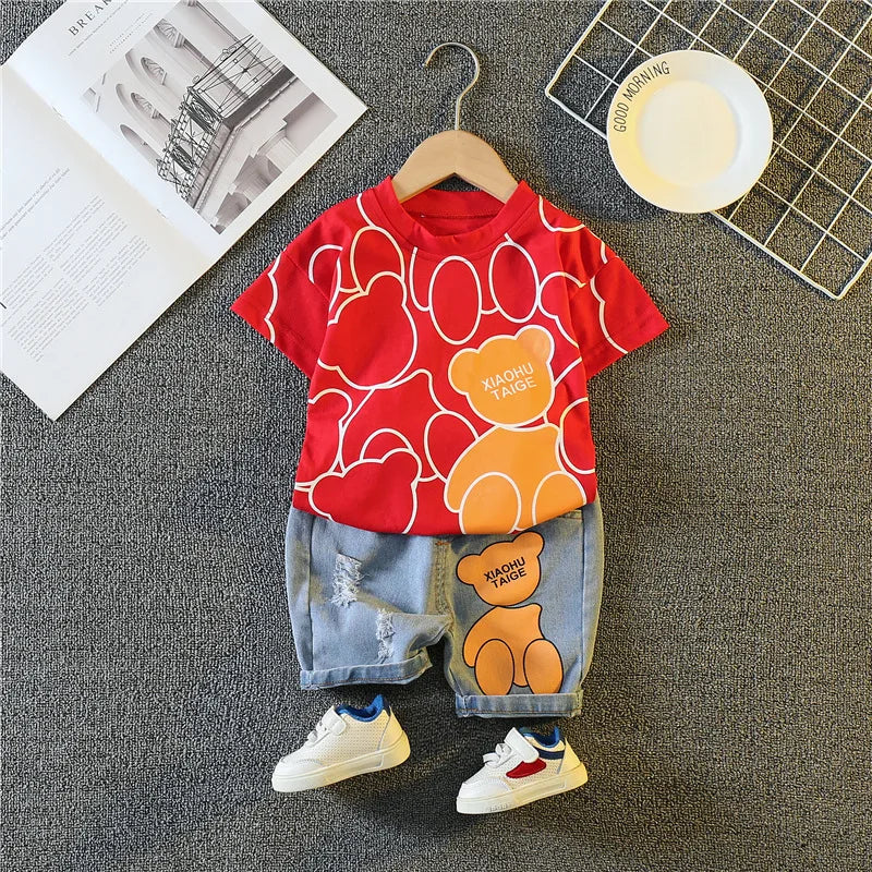 Summer Baby Boys Carttoon T-Shirt And Denim Shorts Set Toddler Infant Casual Clothing Outfit Kids Children's Clothing Suit