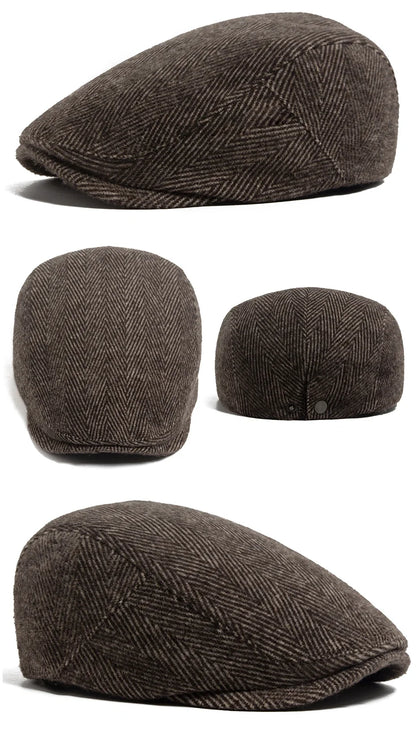 Vintage Big Herringbone Beret For Men Autumn Winter Warm Casual Newsboy Cap Fashion Women Flat Hat Double Breasted Adjustable