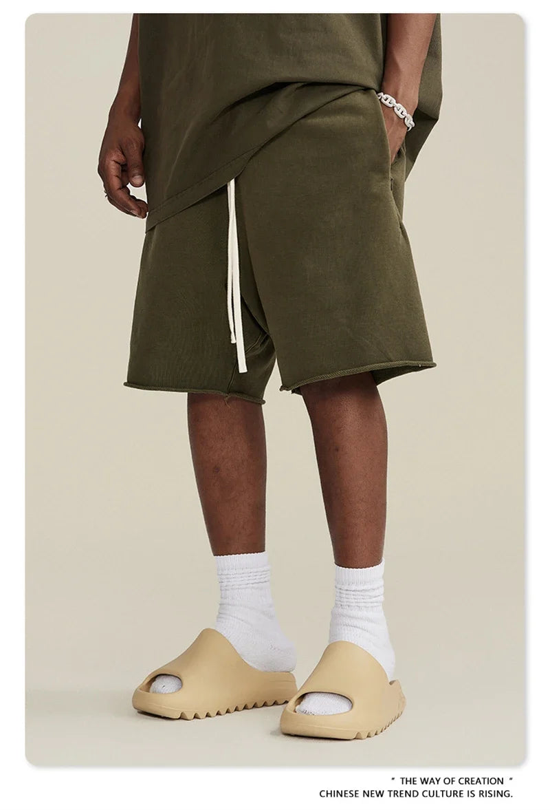 New Summer Men Retro Washed Shorts Unisex Drawstring Loose Edge 420gsm Solid Knee Length Cotton Pants Streetwears HY0589
