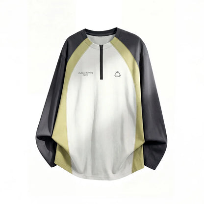 Men's Retro Colorblock Raglan Sleeve Long Sleeve T-Shirt – Loose Fit Half-Zip Athletic Top with Moisture-Wicking Fabric
