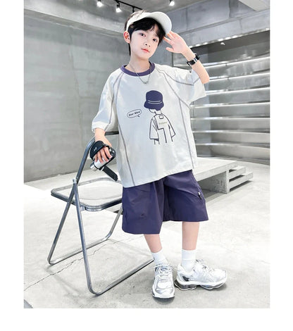 Teenage Summer Tracksuit for Boy with Shorts Tshirt 2 Piece Top and Bottom Clothes Set Kids Child Casual Cotton Outfit Suit Wear