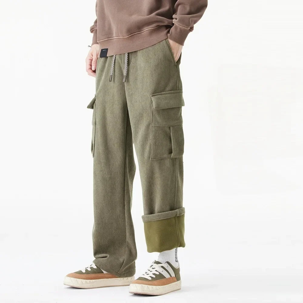 2026 New in Winter Corduroy Pants Men Straight Wide Leg Cargo Trouser Male Elastic Waist Loose Fit Thick Brown Warm Fleece Plush