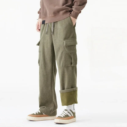 2026 New in Winter Corduroy Pants Men Straight Wide Leg Cargo Trouser Male Elastic Waist Loose Fit Thick Brown Warm Fleece Plush