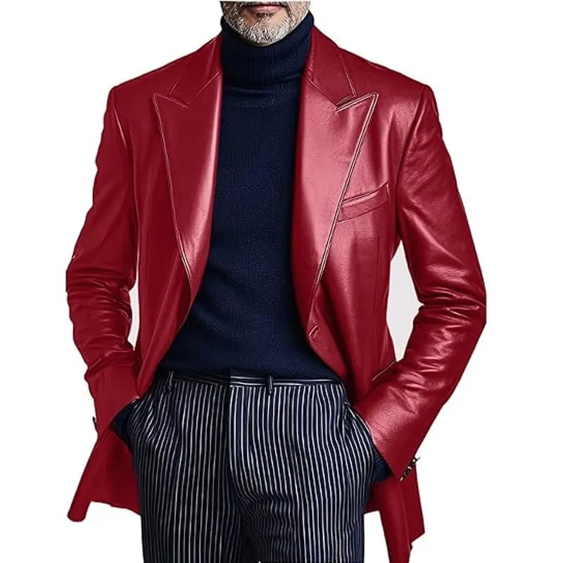 Men's Dress Leather Jacket Burgundy Luxury Slim Fit Notchde Lapel Flap Pocket Retro Soft Sport Coat For Business Casual