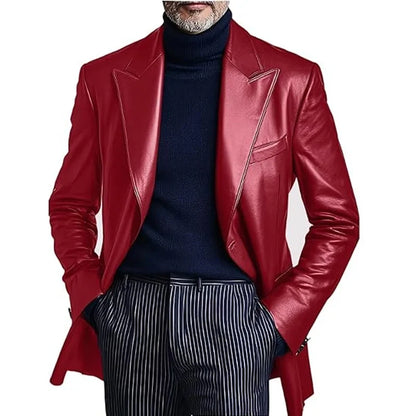 Men's Dress Leather Jacket Burgundy Luxury Slim Fit Notchde Lapel Flap Pocket Retro Soft Sport Coat For Business Casual