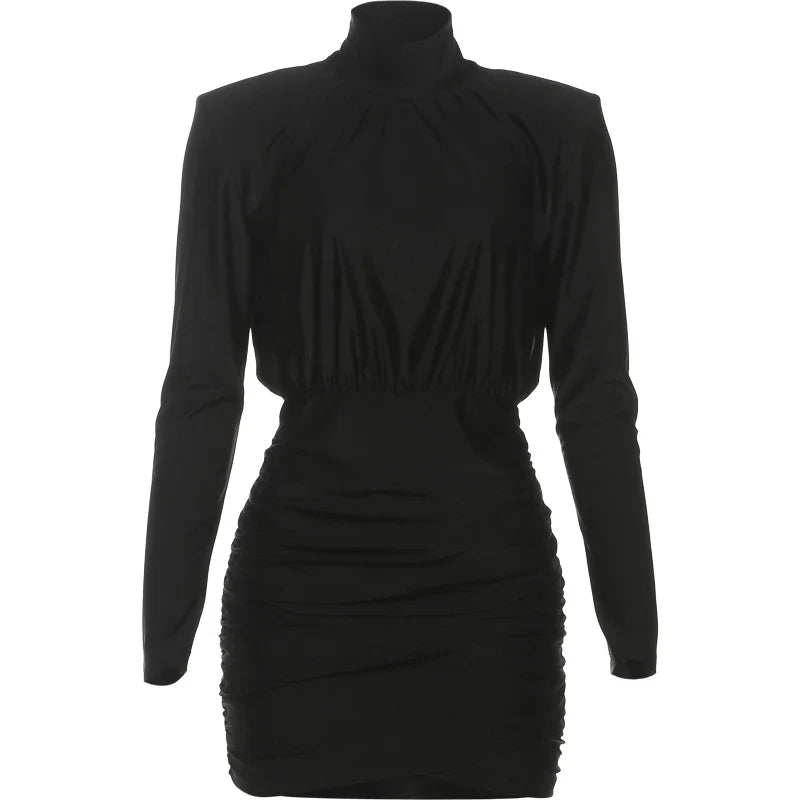 Classic Turtleneck Dress Women Shoulder Padded Ruched Sexy Office Commute Simple Peach Hip Skinny Elegant Mini Bodycon