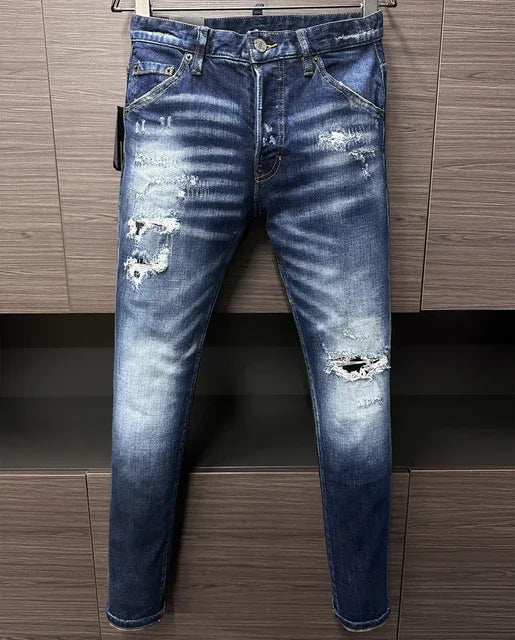 Men Jeans Denim Pants Hole Slim Pencil Trousers Metal Buttons Party Classics Fashionable Black DSQ2 JENAS
