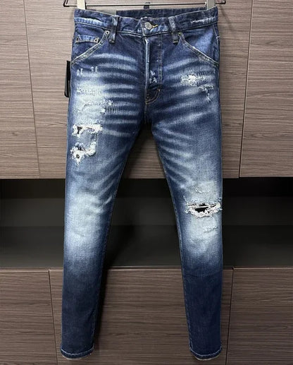 Men Jeans Denim Pants Hole Slim Pencil Trousers Metal Buttons Party Classics Fashionable Black DSQ2 JENAS