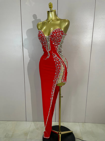 Newest High Quality Sexy Strapless Shinning Rhinestones Bodycon Bandage Long Dress Women Fashion Celebrate Evening Party Vestido