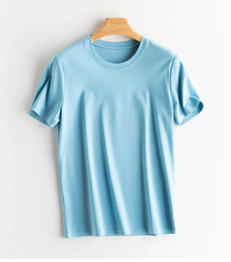 6% Real Silk Cotton Modal Women's T-shirt 2026 Summer Tees Short Sleeve Solid Tee Shirts V-neck Casual Woman Basic T shirt Tops