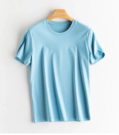6% Real Silk Cotton Modal Women's T-shirt 2026 Summer Tees Short Sleeve Solid Tee Shirts V-neck Casual Woman Basic T shirt Tops