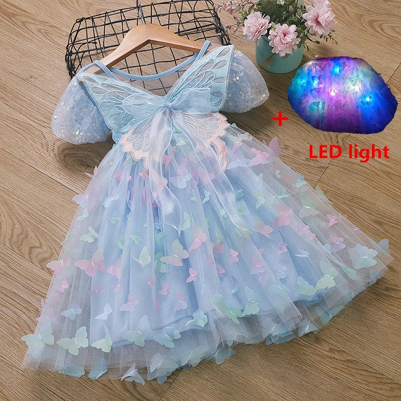 Baby Girls Butterfly Wings Fairy Gauze Princess Puff Sleeve Dress Lovely Kids Summer Tulle Dress Child Birthday Party Gown Dress