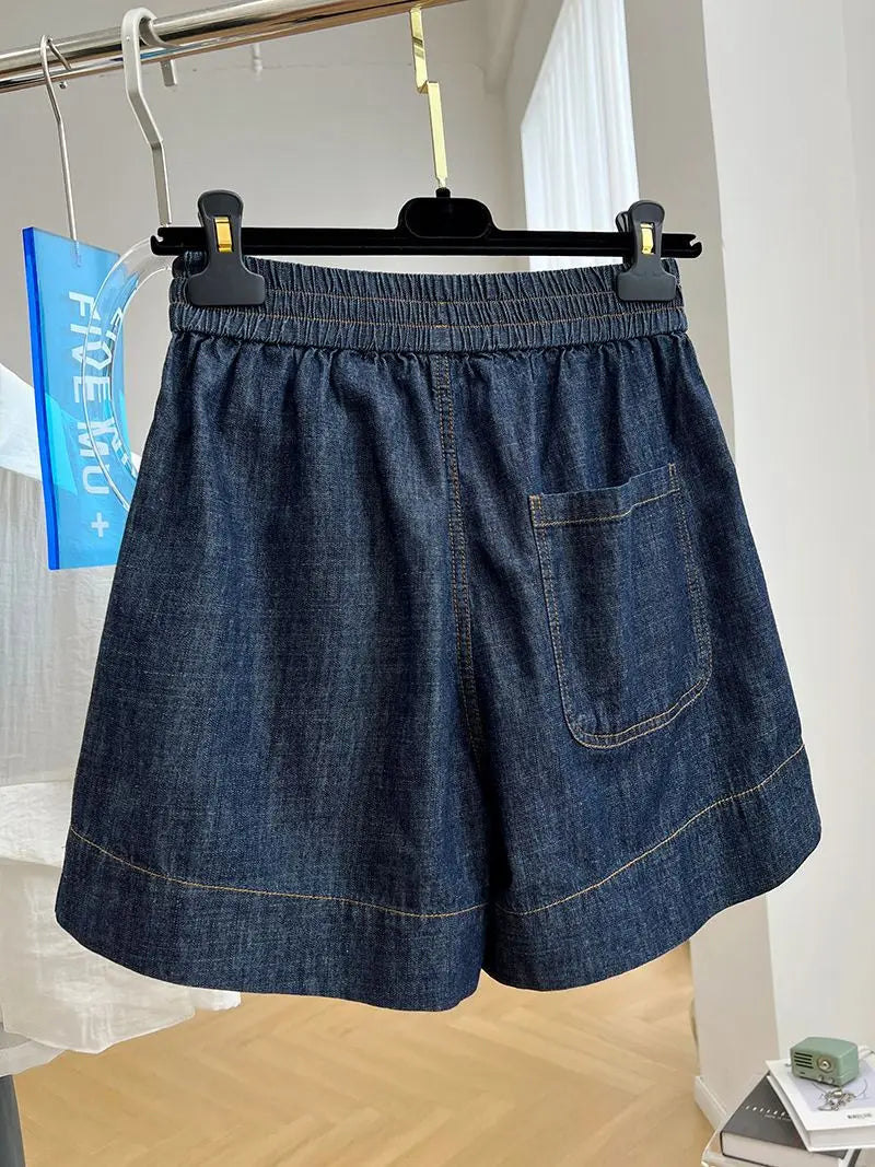 European-style high-end elastic waist casual denim shorts for women, summer thin loose high-waist A-line wide-leg hot pants