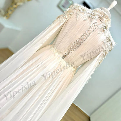Charming Wedding Dress Bridal Gowns Long Sleeves High Neck 3D Flowers Applique Pearls Chiffon A Line Bride Dresses  Cape