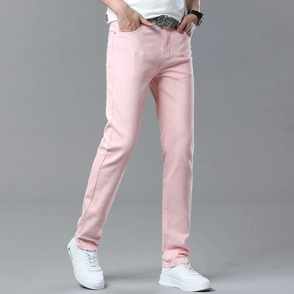 Spring New Men's Casual Jeans Fashion Korean Elastic Cotton Denim Pants Youth Trend Solid Color Fit Straight Trousers