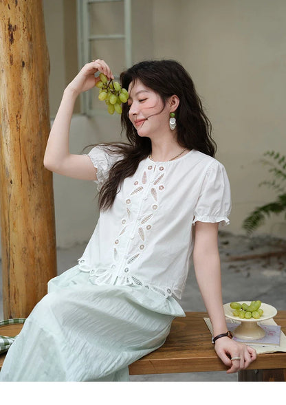 100%Cotton Hollow Embroidery Round Neck Shirt for Women 2025 Summer Puff Sleeve Casual Top Women's Clothing MXE39X1938