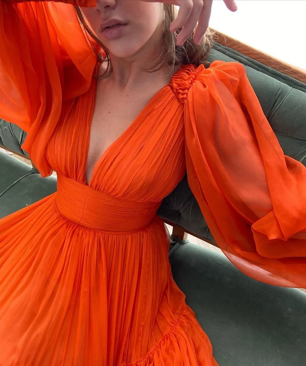Pleat Tulle Princess Prom Gown V-Neck Long Puff Sleeve Plus Size Evening Gown Elegant Dress Women for Wedding Party