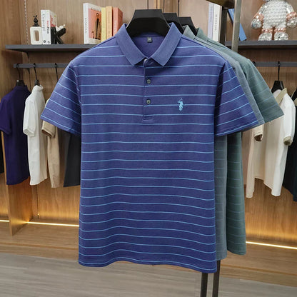 2026 New Summer Pure Cotton Short Sleeved Business Polo Shirt Men's Lapel Breathable Casual Versatile Top Striped T-shirt