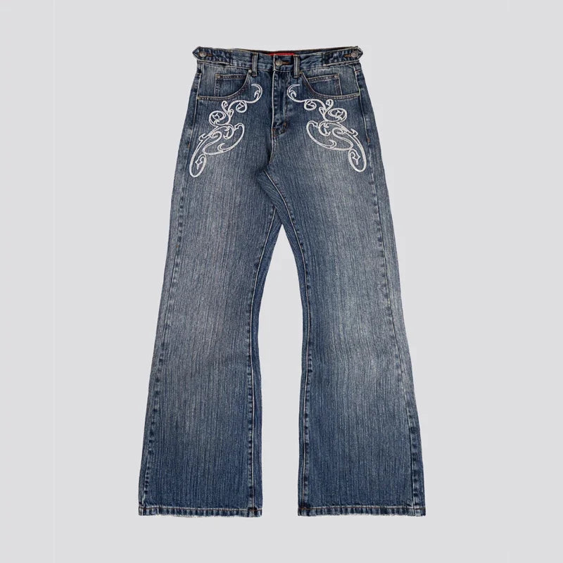 Y2k Blue Opening Bootcut Jeans Vintage Washed Embroidery Men Women Pants Harajuku High Street Streetwear Unisex Casual Jeans