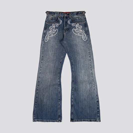 Y2k Blue Opening Bootcut Jeans Vintage Washed Embroidery Men Women Pants Harajuku High Street Streetwear Unisex Casual Jeans