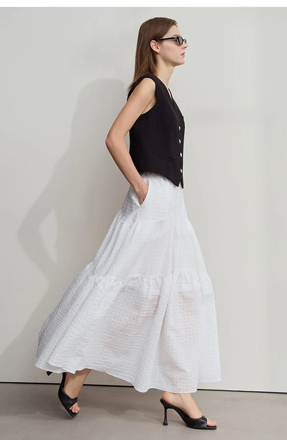 Minimalist Casual Halter Skirt Women 2025 Summer New Office Lady Solid Color Pockets Loose A line Cake Long Skirt 12542072