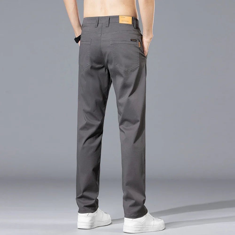 Brand Clothing Spring Summer Men's Casual Pants 97%Cotton Straight Solid Color Business Leisure Long Trousers Khaki Grey Blue