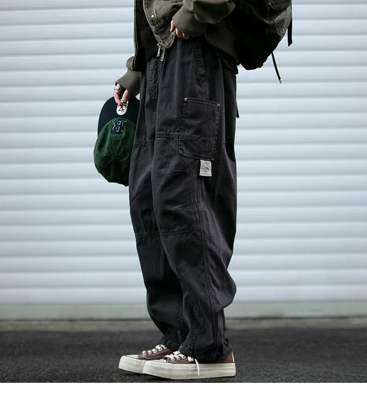 Japanese Vintage Cargo Pants Men Premium Cotton Loose Fit Straight Leg American Fashion Casual Trendy Streetwear Long Workwear