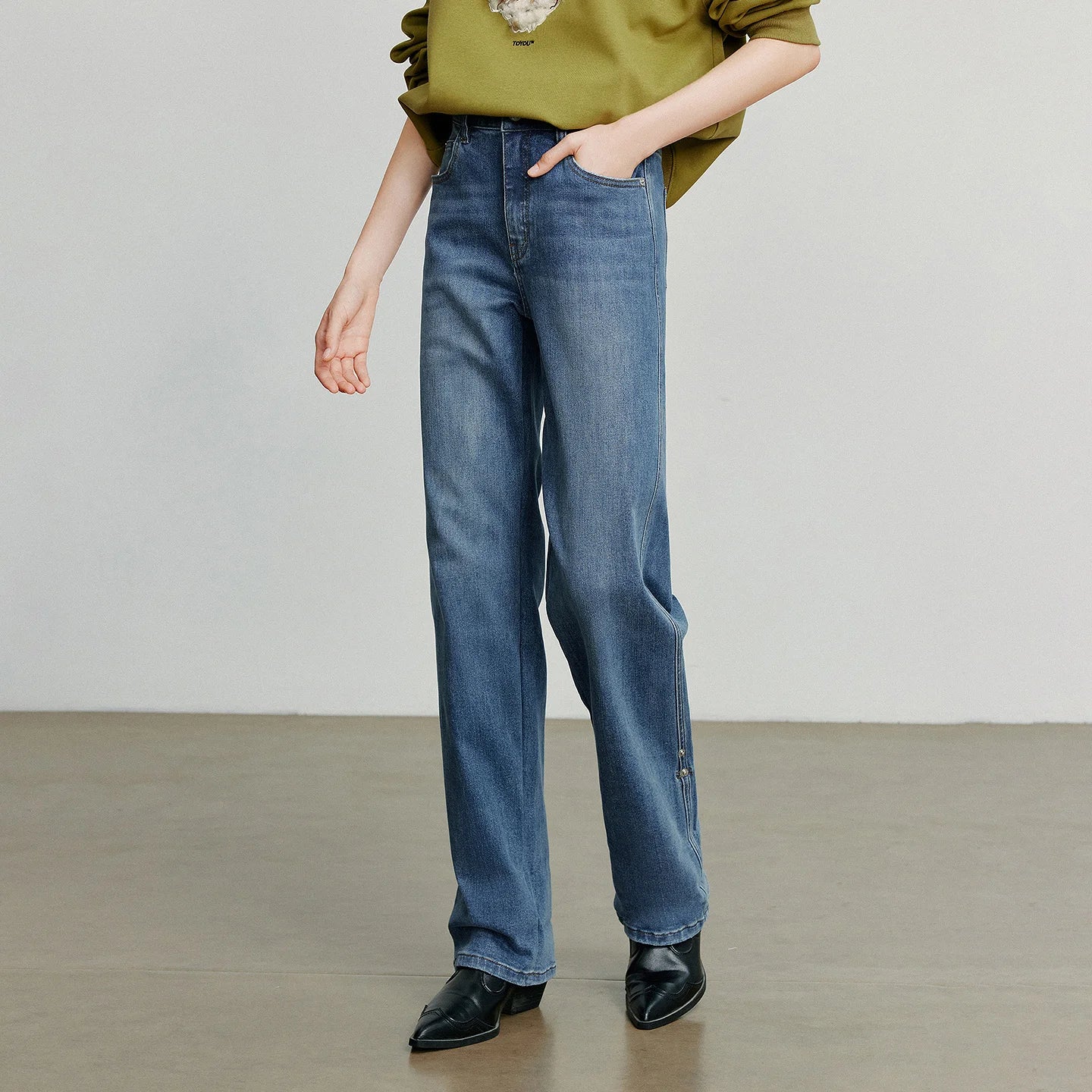 Women Denim Jeans 2025 Autumn New Lyocell Rolling Up Hem Elastic and Simple Straight Leg Ankle Length Pants
