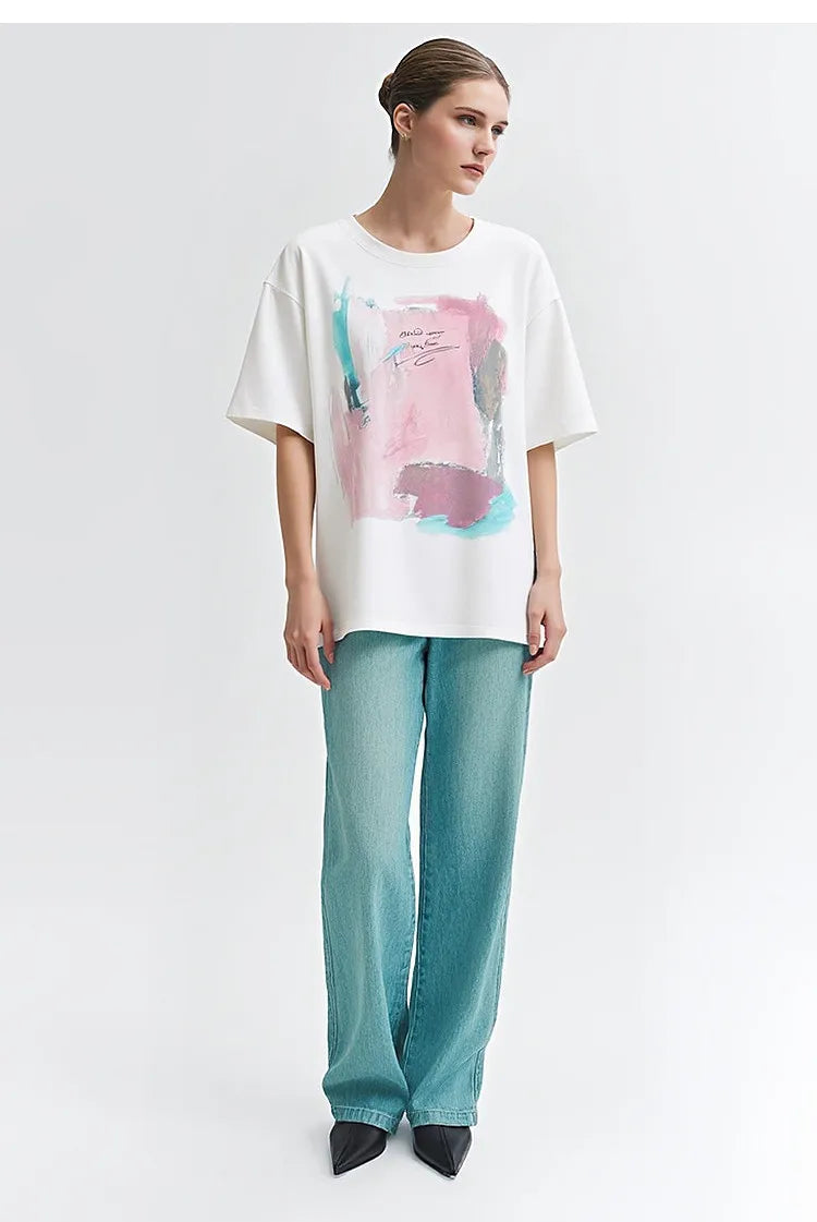 Women's T-Shirt 2026 Summer New Cotton O-Neck Drop Shoulder Tee Casual Printed Loose Short Sleeve Top For Women 12642030