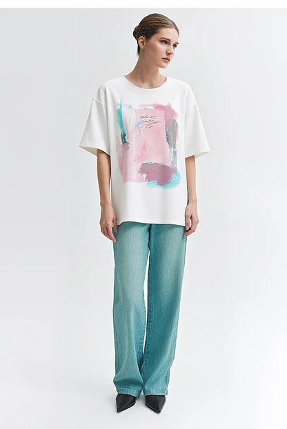 Women's T-Shirt 2026 Summer New Cotton O-Neck Drop Shoulder Tee Casual Printed Loose Short Sleeve Top For Women 12642030