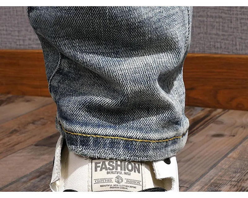 Street Fashion Men Jeans Retro Blue Stretch Slim Fit Hole Ripped Jeans Men Patched Designer Hip Hop Vintage Denim Pants Hombre