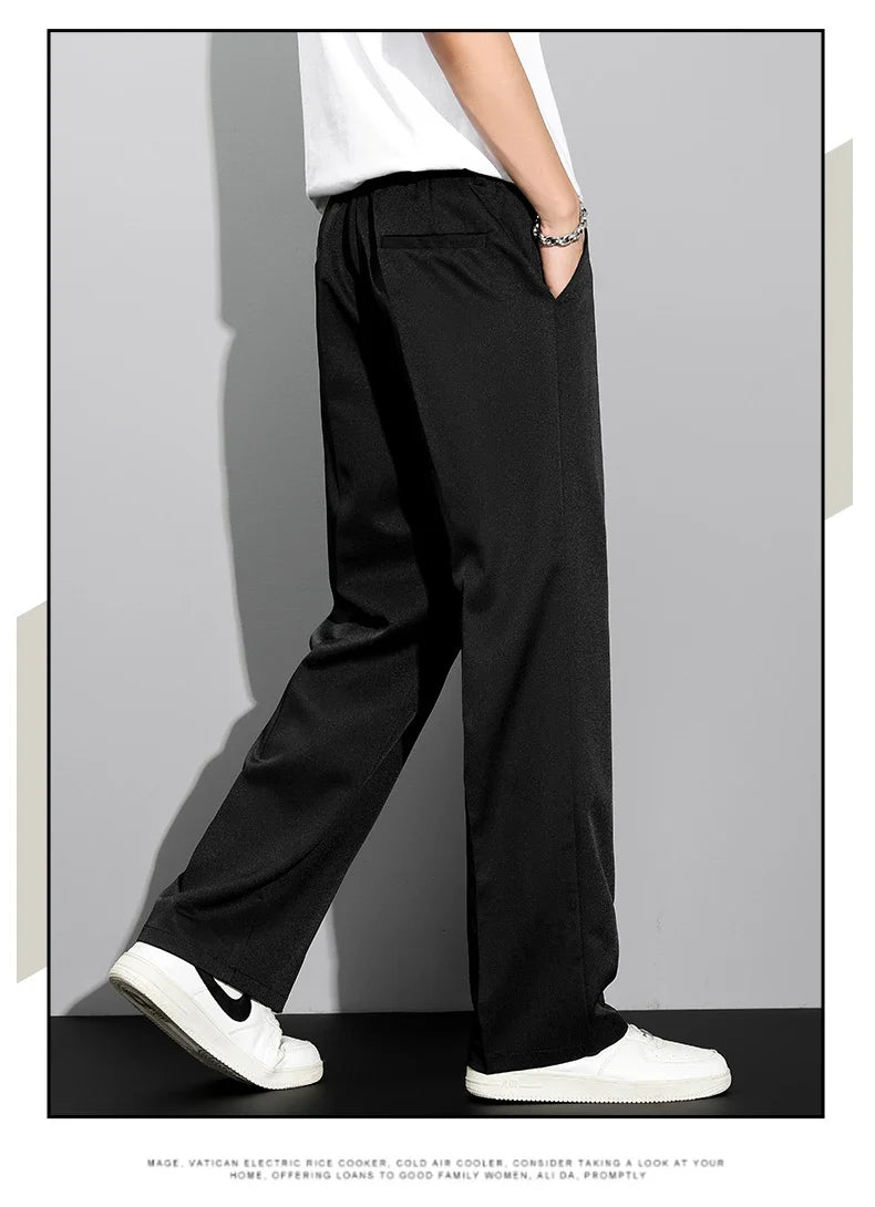 Men's 2026 Summer Korean Style Loose Straight Leg Draping Lightweight Casual Pants Slacks Khaki Dark Gray Black Trousers Male