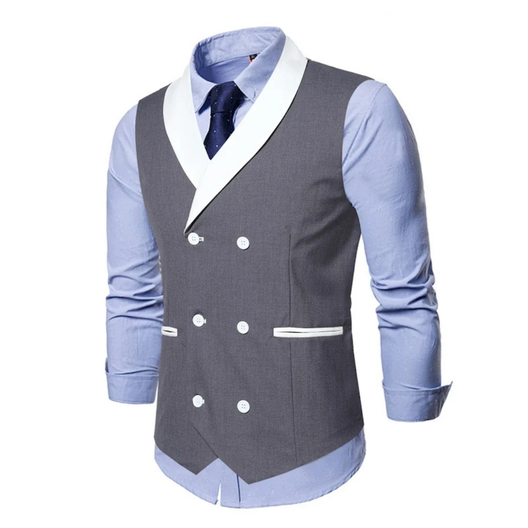Men Vest Gray With White Lapel And Pocket Double Button Waistcoat For Wedding Birthday Banquet Business Daily Men Suit Vest