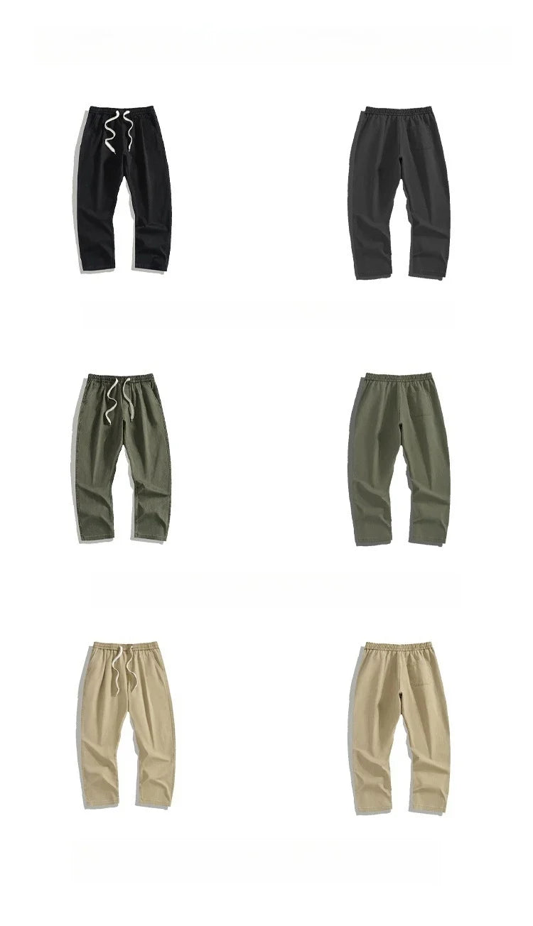 Spring Summer Cargo Pants Men Cotton Enzyme Wash Distressed Loose Fit Straight Leg Khaki Drawstring Elastic Waist Casual Pants