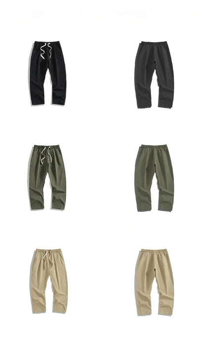 Spring Summer Cargo Pants Men Cotton Enzyme Wash Distressed Loose Fit Straight Leg Khaki Drawstring Elastic Waist Casual Pants