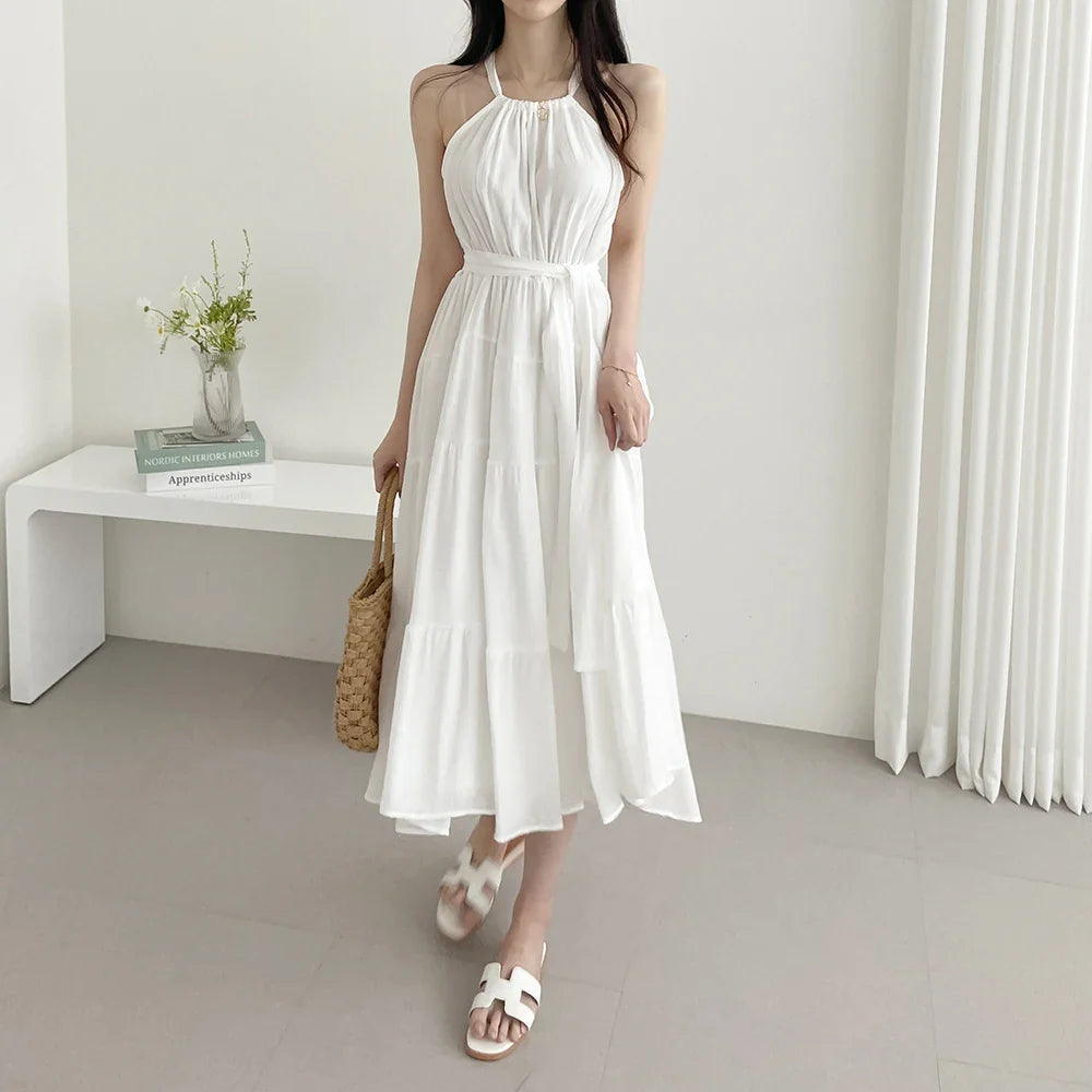 Korean Style Summer Slimming Necktie Waist Cinched Sleeveless Vest Long Dress Women's Fashionable Commute Style Inner Wear